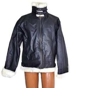 Leather World Lucky Leather Aviator Jacket Men M Black Fur Lining Buckle Neck
